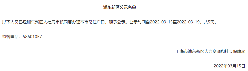 2022年3月上海市引進(jìn)人才申辦本市常住戶(hù)口公示名單