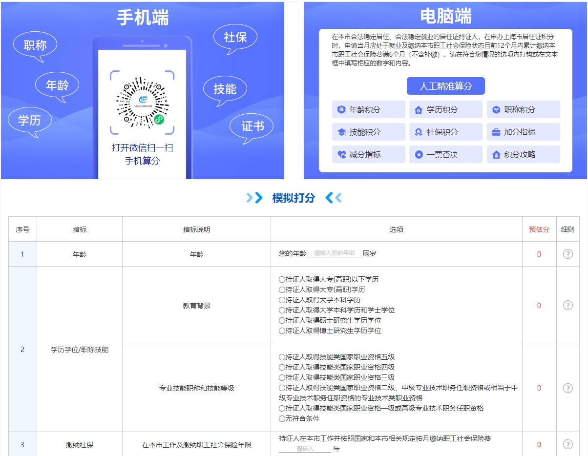 2024年上海居住證積分模擬計算：基礎指標